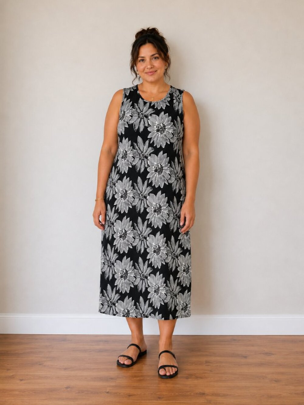 NorthStyle Black White Floral Shift Midi Dress Women’s XL Sleeveless